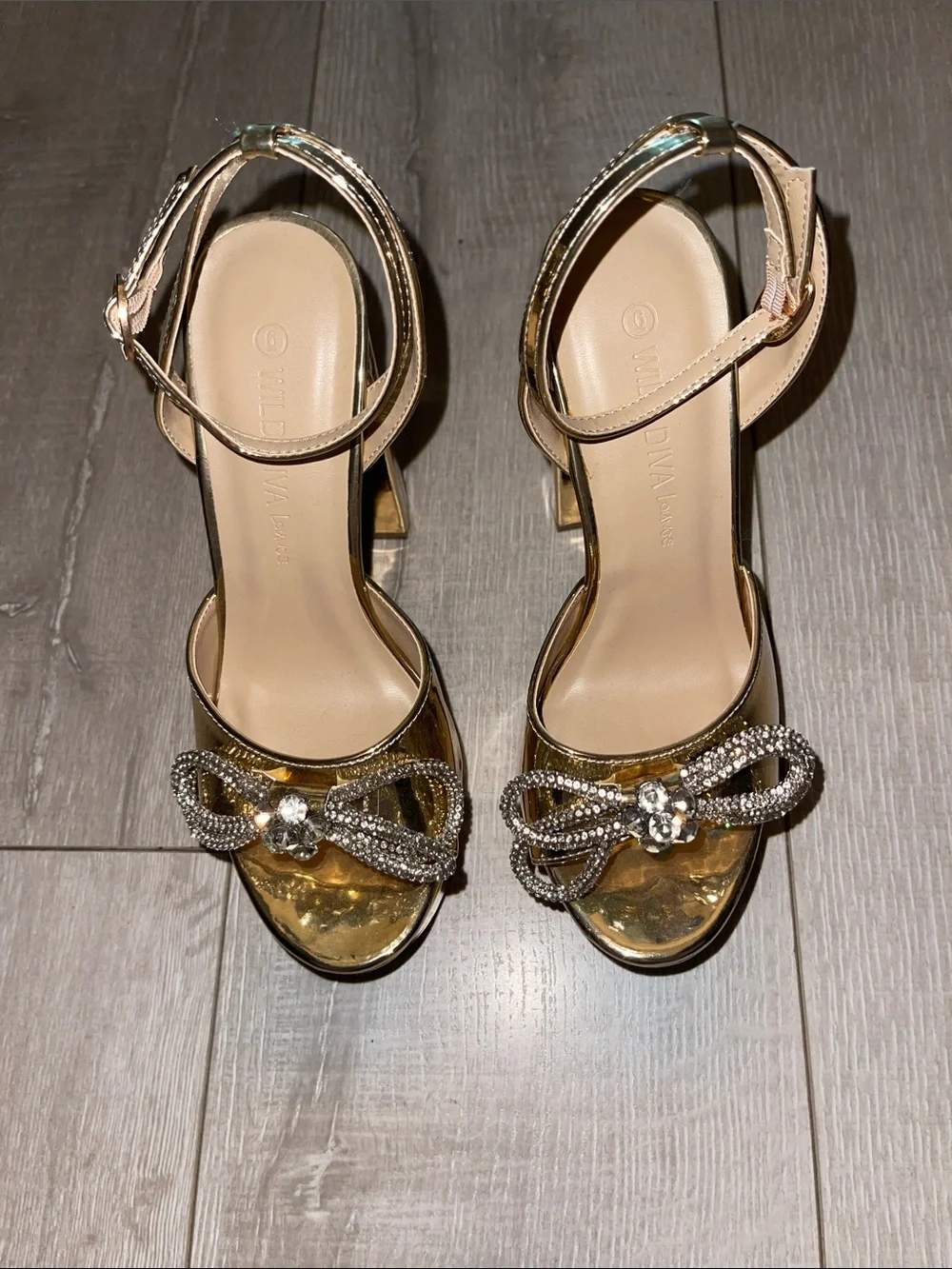 Gold Embellished Platform Heels - Women's Ankle Strap never worn! Size 6